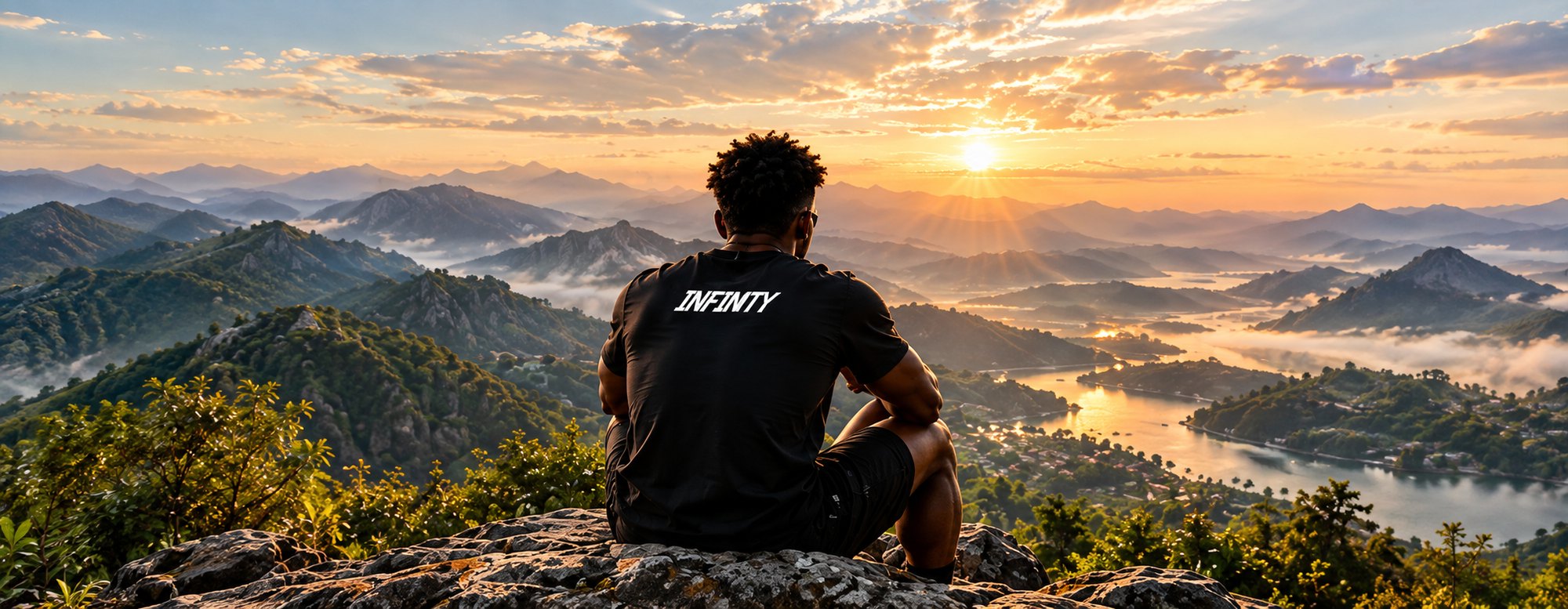 Man in an Infinty tee looking over a mountain valley at sunrise