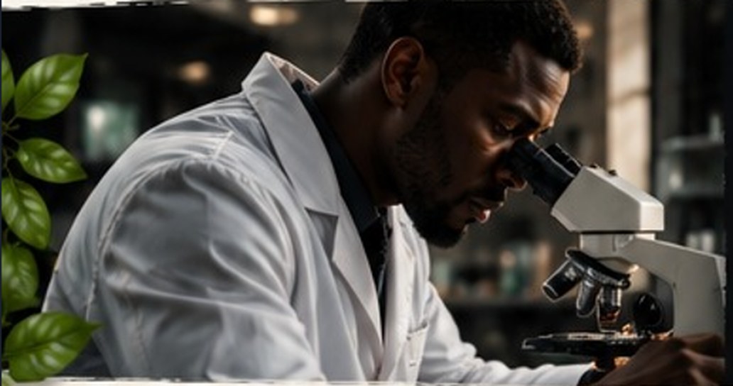 Scientist in a white lab coat looking through a microscope