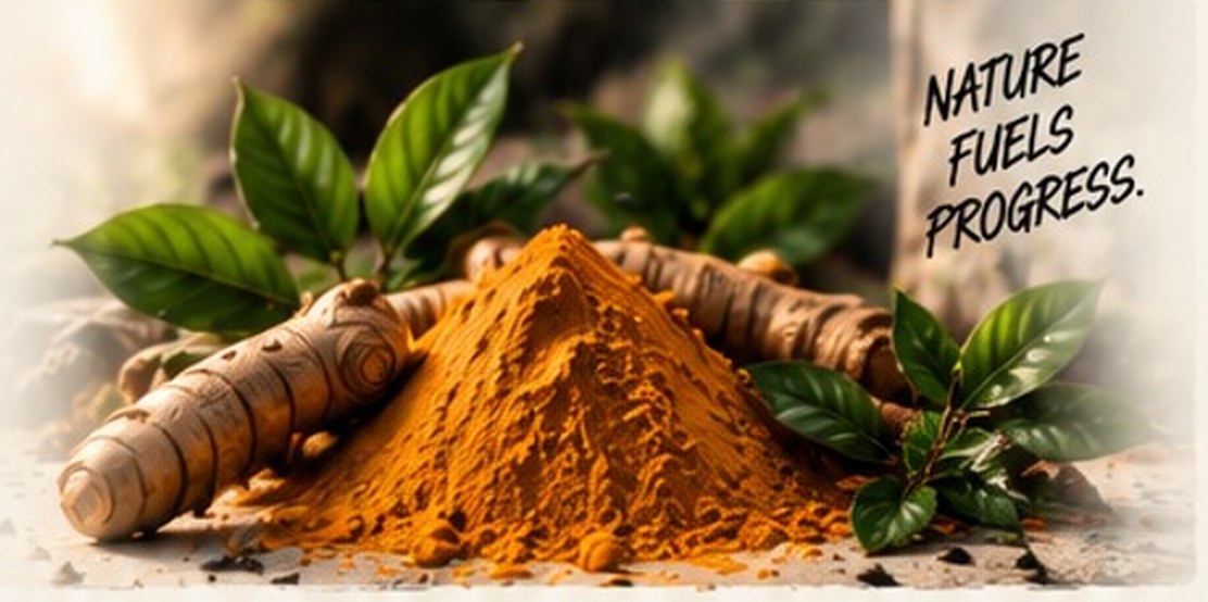 Turmeric root and powder with fresh leaves. Nature fuels progress.