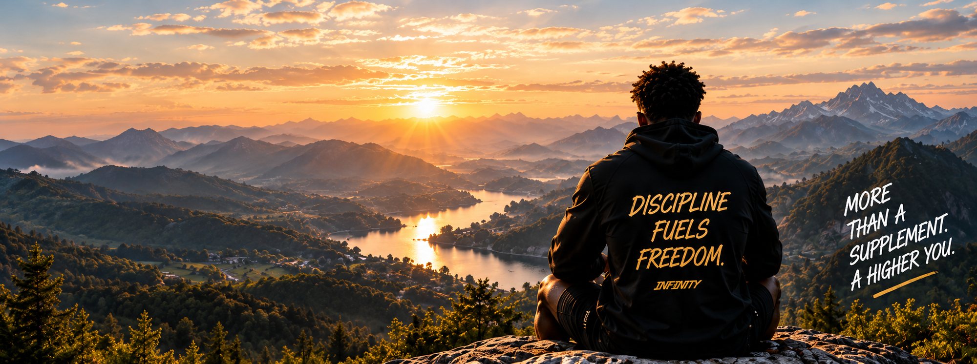 Man in an Infinity hoodie, Discipline Fuels Freedom, looking over a mountain valley at sunrise